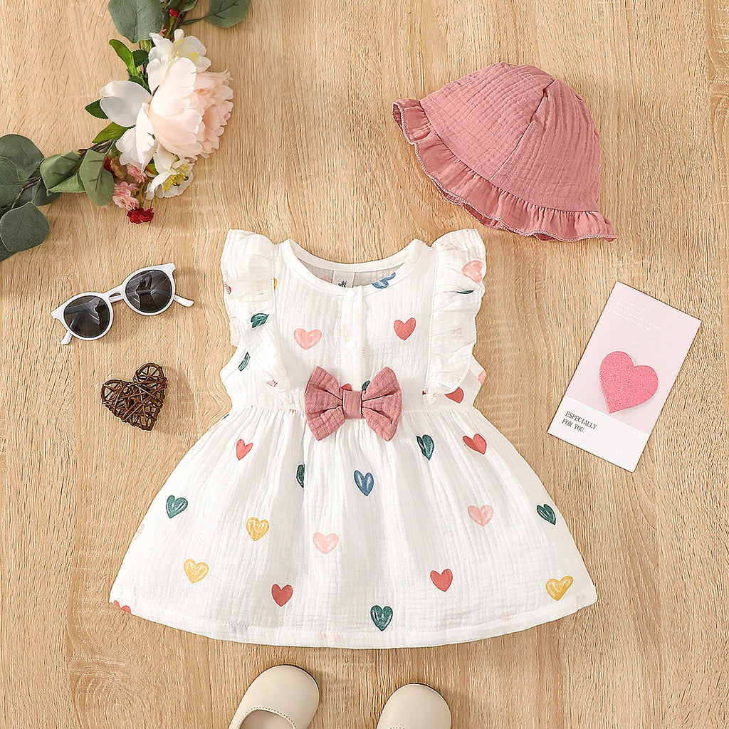 2Pcs, Dress Clothes Set, Newborn Baby Girl Love Print Sleeveless Dress With Hat Summer Fashion Cute Wear for Infant Girl 0-9Months