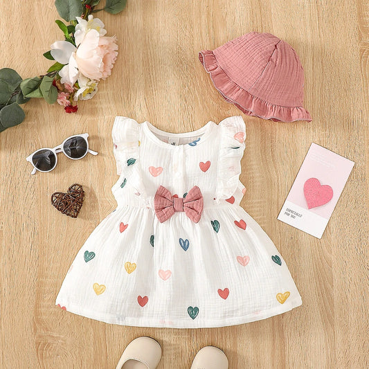 2Pcs, Dress Clothes Set, Newborn Baby Girl Love Print Sleeveless Dress With Hat Summer Fashion Cute Wear for Infant Girl 0-9Months