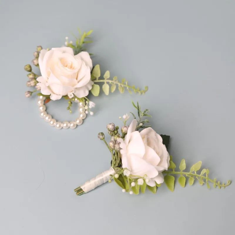 Elegant Groom Boutonniere Flowers for Men's Suit Artificial Roses Wrist Corsage Wedding Accessories