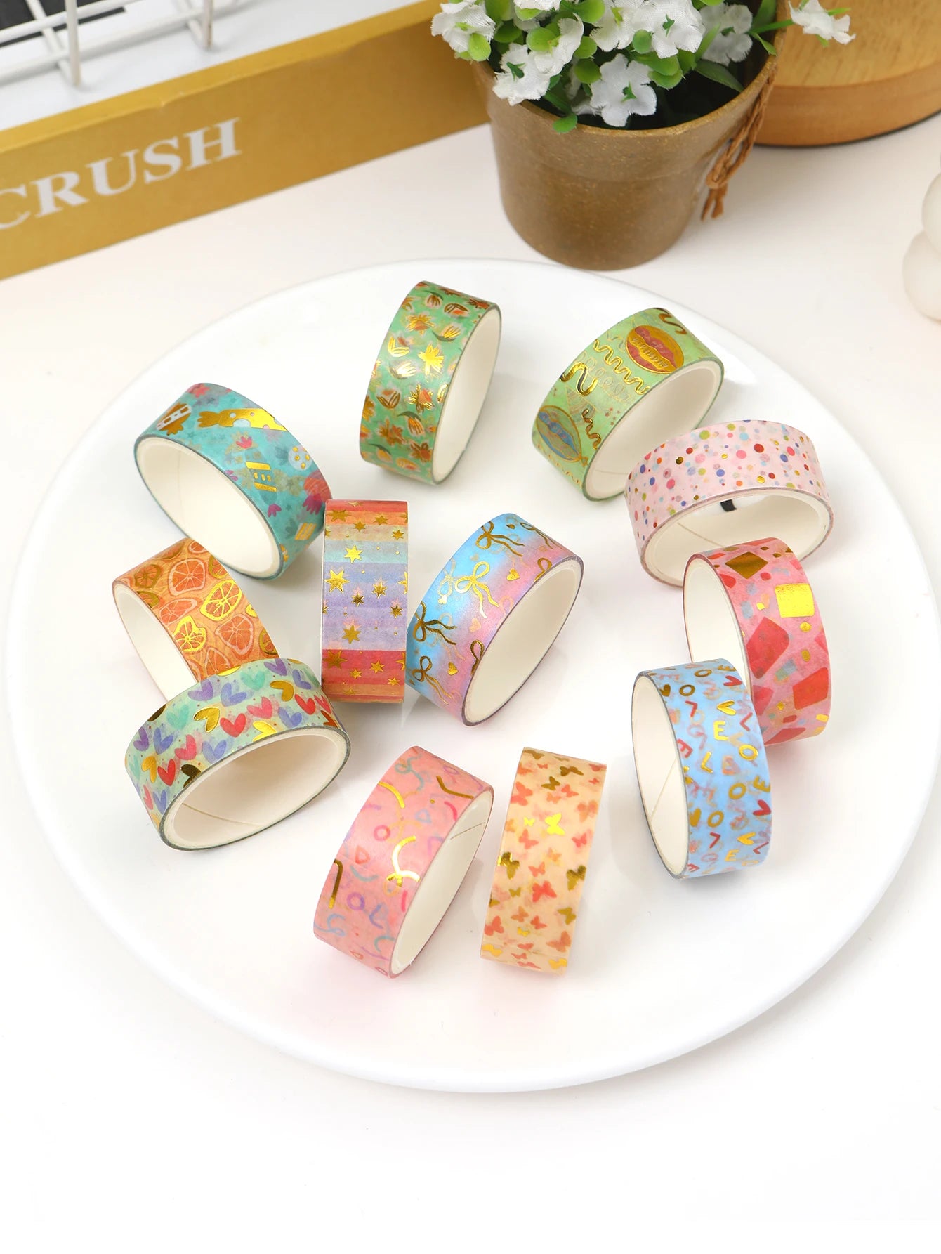 Creative Floral Hot Foil Washi Tape Set, 12 Rolls Decorative Masking Tape for Scrapbooking, Journaling, DIY Gift Supplies