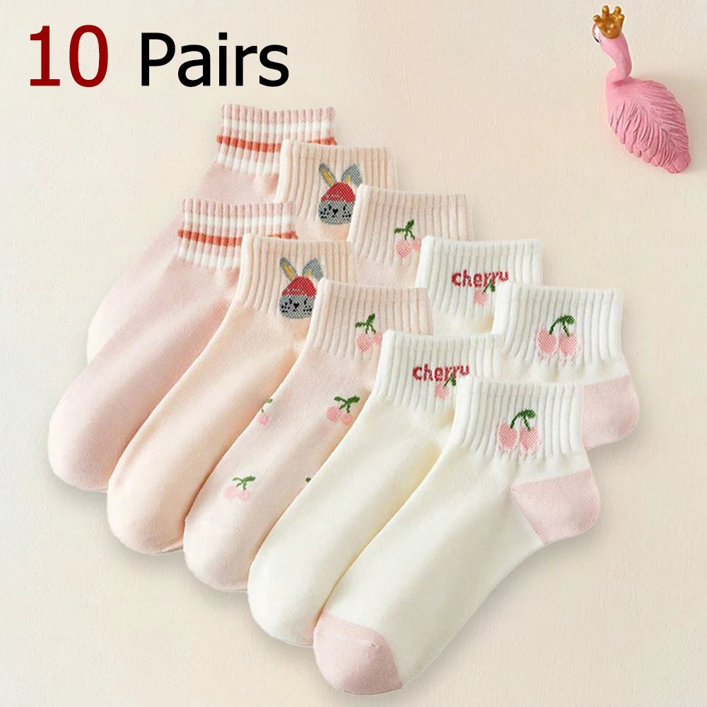 5/10 Pairs Women Striped Ankle Socks Trendy Versatile Pink Fruit Pattern Cartoon Short Socks Comfortable Breathable Casual Socks