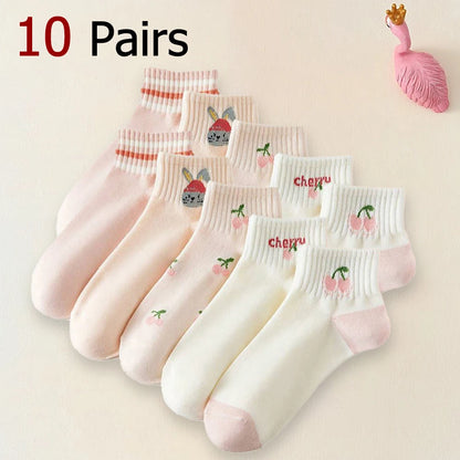 5/10 Pairs Women Striped Ankle Socks Trendy Versatile Pink Fruit Pattern Cartoon Short Socks Comfortable Breathable Casual Socks