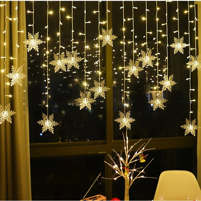 3.2M Christmas Snowflake Curtain String Lights, Indoor Christmas Light, Wedding Home Party New Year LED Xmas Lamps, Eave Decoration