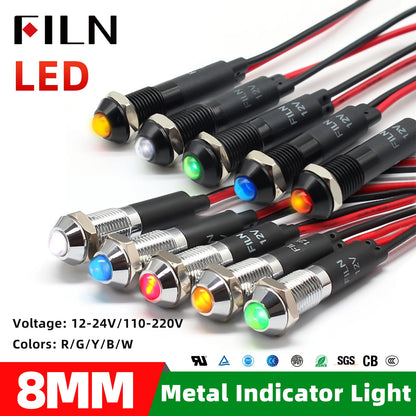 FILN 8mm LED Light Panel Mounted Raised Head LED Light Panel Black Metal Shell Mini 12V 24V 110V 220V With 20cm Cable