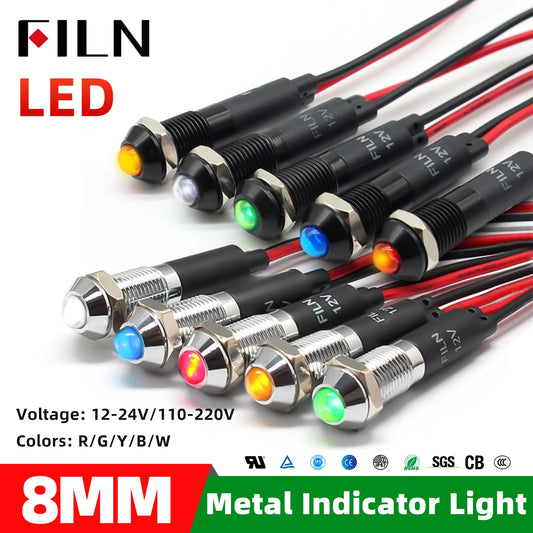 FILN 8mm LED Light Panel Mounted Raised Head LED Light Panel Black Metal Shell Mini 12V 24V 110V 220V With 20cm Cable
