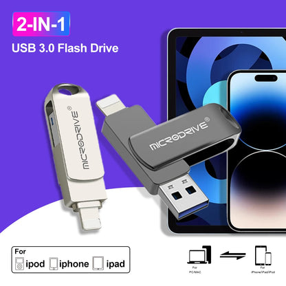 OTG Flash Drive USB 3.0 for iPhone with 2-in-1 USB-to-Lightning & USB 3.0 Pendrive for iPhone 6/7/8/11/12/13/14 / for iPad