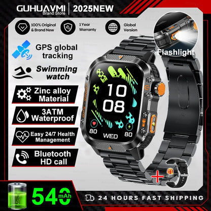 2025New GPS Smart Watch For Xiaomi IOS Military Compass Flashlight Smartwatch Men 10ATM Waterproof 100+Sport Modes BT Call Watch