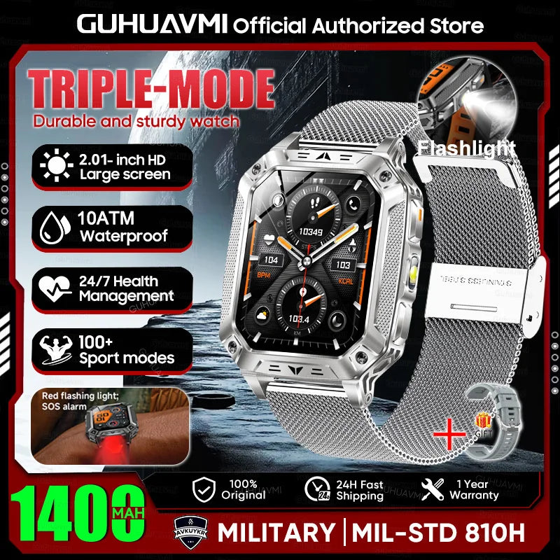 2026 New Military 1400mAh Battery Smart Watch LED Flashlight 10ATM Waterproof Heart Rate Voice Call Men 120+Sports Smart watchs