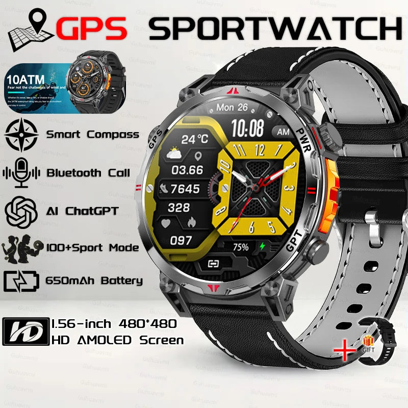 2026 New Outdoor GPS Sports Smartwatches Men Compass 10ATM Waterproof 24/7 Health Monitoring ChatGPT Bluetooth Call Smart Watch