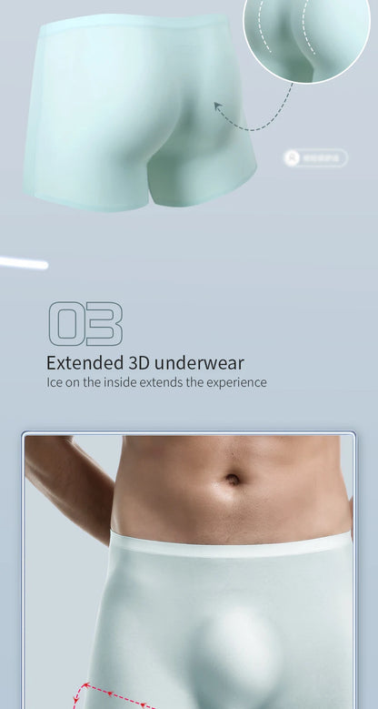 Men's Underwear, Men's 3D Stamping Ice Silk Boxers, Seamless Thin Boxers, Lengthened Sports Summer Shorts