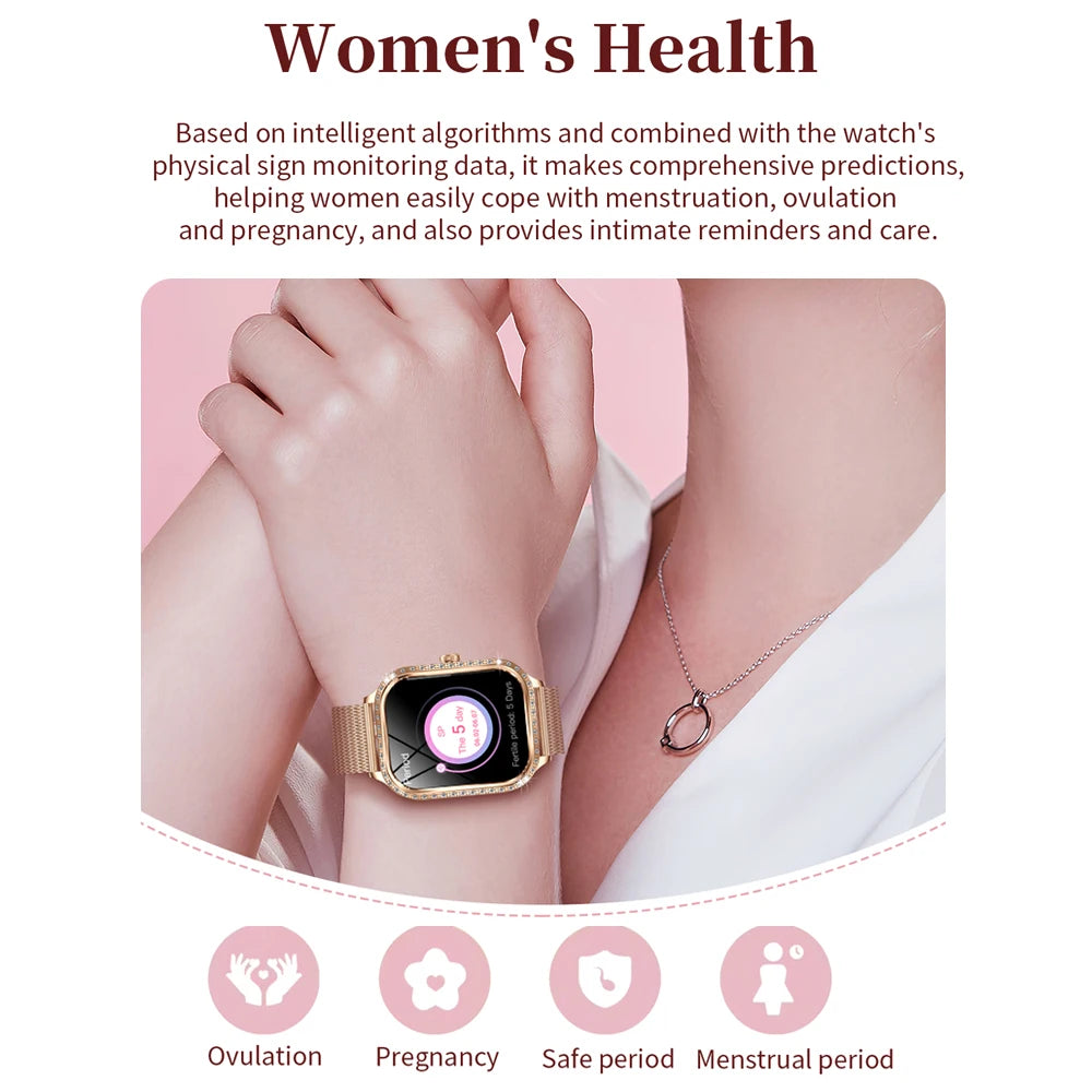 2026 New Fashion Women Diamond Smartwatch Heart Rate Blood Pressure Monitor Music Playback AI Voice Sports BT Calling SmartWatch