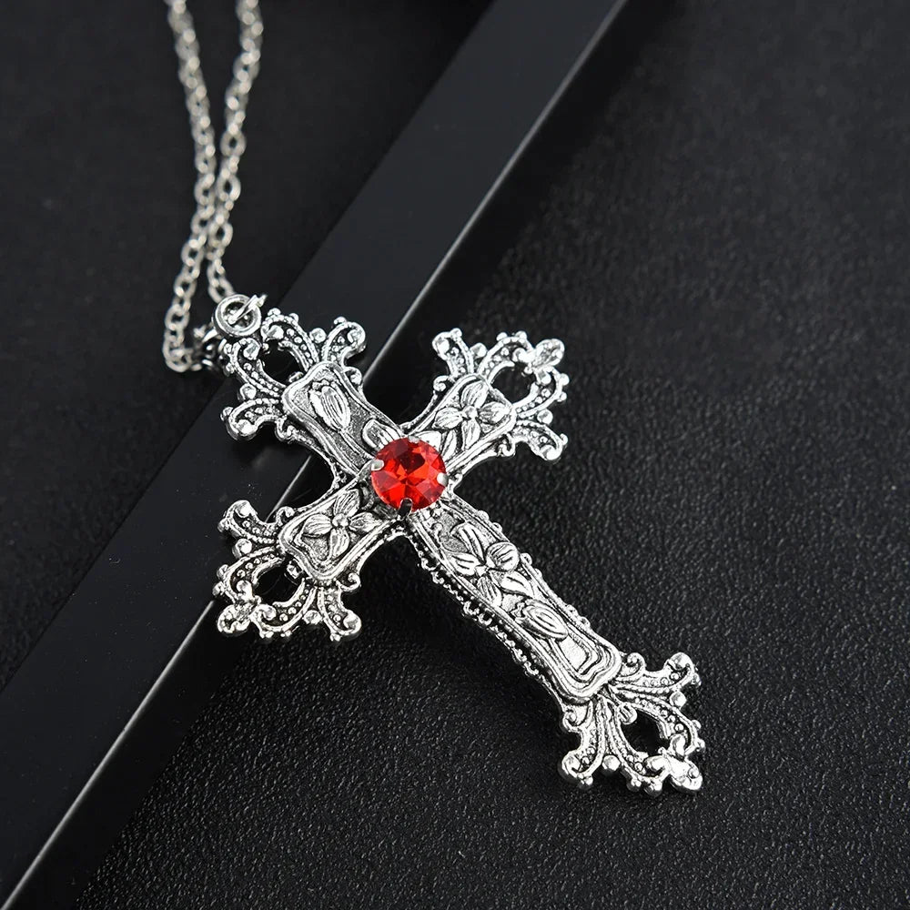 Y2K Punk Crystal Big Cross Pendant Necklaces for Women Men, Gothic Irregular Cross Clavicle Chain Necklaces, Aesthetic Jewelry