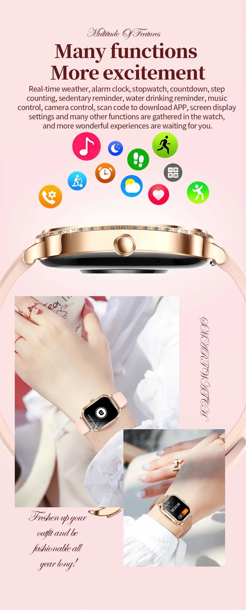 2026 New Fashion Women Diamond Smartwatch Heart Rate Blood Pressure Monitor Music Playback AI Voice Sports BT Calling SmartWatch