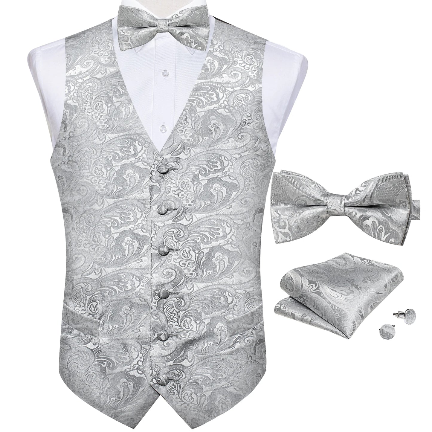 Suit Vest With Bow Tie Pocket Square Cufflinks Light Blue Black Red Paisley Luxury Wedding Prom Tuxedo Waistcoat for Men