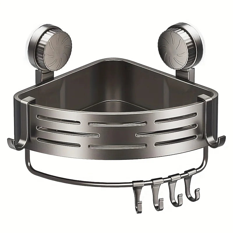 Space-Saving Suction Cup Bathroom Shelf - No Drilling Required, Strong Triangular Rack with Hooks, Suitable for Shower and Toilet