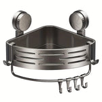 Space-Saving Suction Cup Bathroom Shelf - No Drilling Required, Strong Triangular Rack with Hooks, Suitable for Shower and Toilet