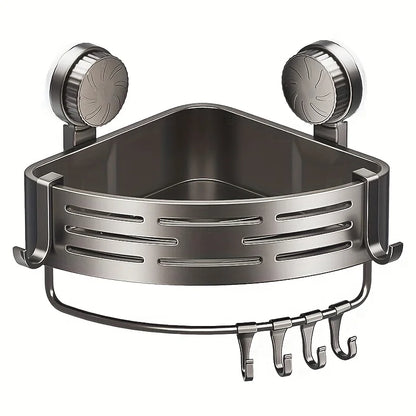 Space-Saving Suction Cup Bathroom Shelf - No Drilling Required, Strong Triangular Rack with Hooks, Suitable for Shower and Toilet