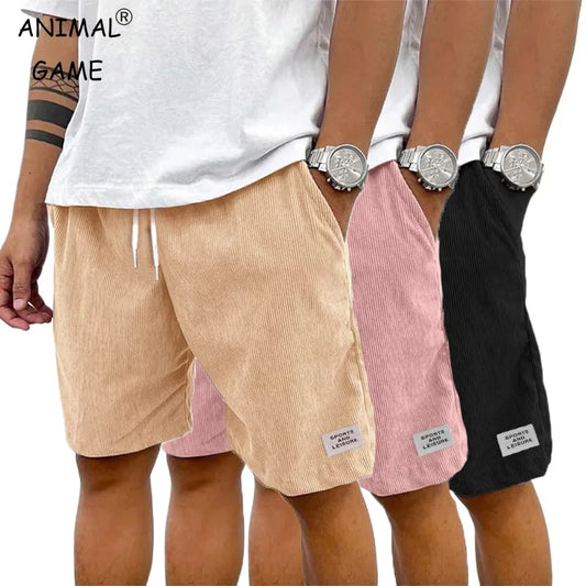 Summer Men's Solid Corduroy Shorts with Drawstring Casual Elastic Waist Fit for Outdoor Daily Activities Streetwear