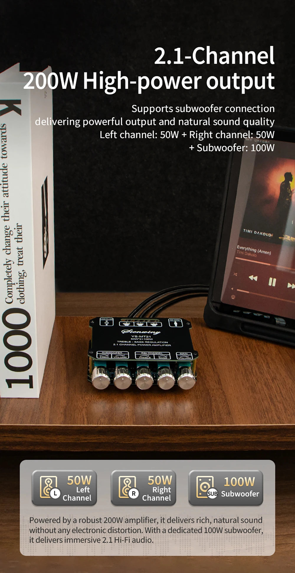 2.1 Channel Bluetooth 5.0 Subwoofer Amplifier Board 50W x 2 + 100W Power Audio Stereo Amplifier Board Bass AMP AUX