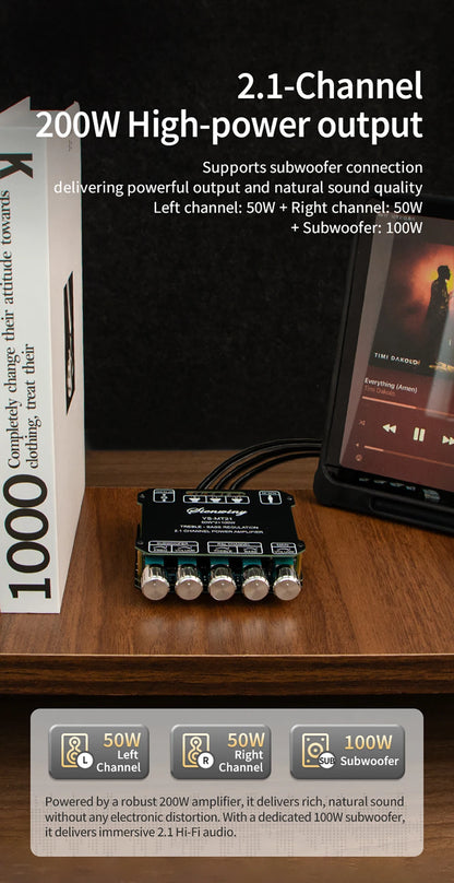 2.1 Channel Bluetooth 5.0 Subwoofer Amplifier Board 50W x 2 + 100W Power Audio Stereo Amplifier Board Bass AMP AUX