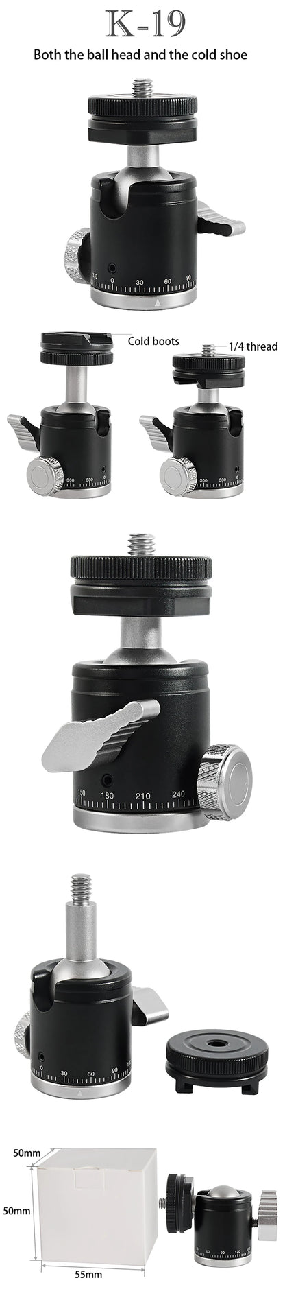 Mini Cold Shoe Ball Head, Dual Use 1/4 Screw Cold Shoe Aluminum Alloy Ball Head for Camera Phone Speedlite Tripod Selfie Stick, BEXIN K19