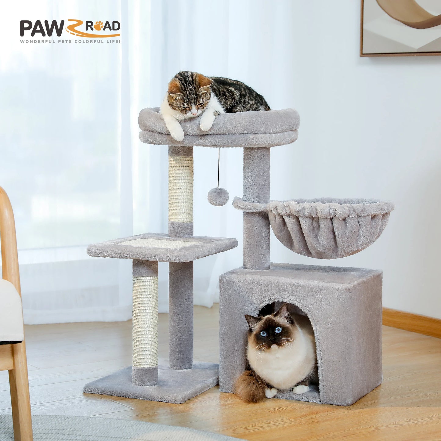 Cat tree, Cat Tower for Indoor Cats, 2 Styles Cat Activity Tree with Cat Scratching Posts, Big Hammock and Removable Top Perch Grey
