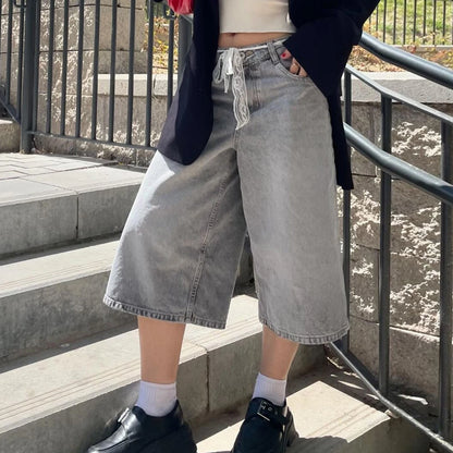 Women's Trendy Knee Length Denim Shorts, Low Waisted Stretchy Bermuda Jean Shorts, Baggy Cargo Jorts Y2K Vintage Streetwear