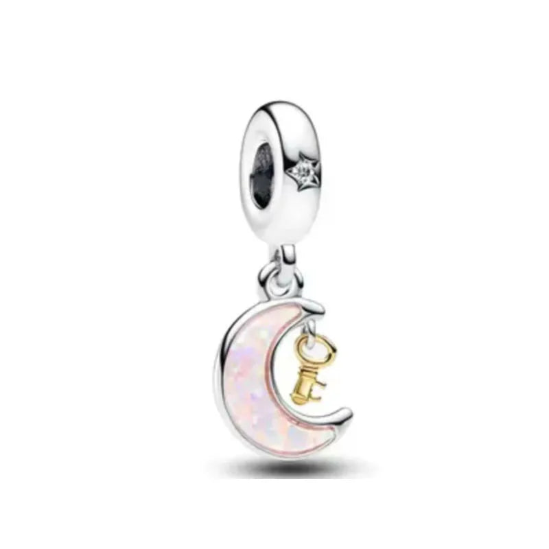 Blue Sparkling Zircon Star Moon Series Charms Beads Fit Original Bracelet Women DIY Pendant Accessories Jewelry 925 Silver Gifts