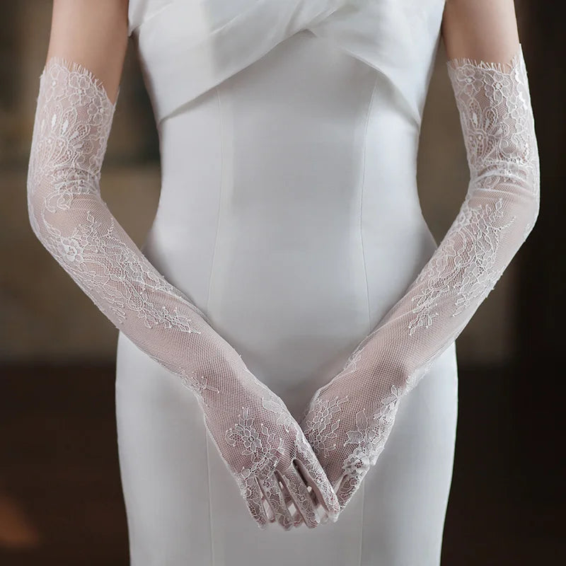 Women Sexy Thin Lace Flower White Black Long Gloves Transparent Mesh Eyelash Tulle Bridal Wedding Party Dress Accessories