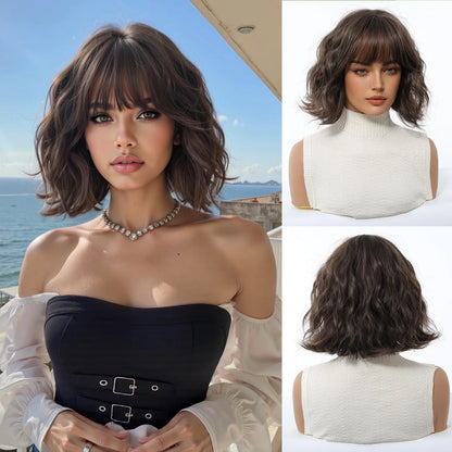 Dark Brown Wavy Bob Synthetic Wigs with Bangs Short  Natural Hair for Women Use Daily Party Cosplay Heat Resistant Fiber