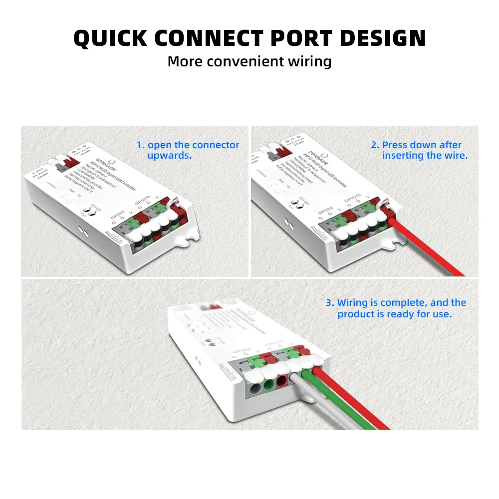 DOMRAEM ESP32 USB-C WLED Digital LED controller RGB IC DIY APP 16A fuse Works with HA/MQTT/Alex WS2811/12/12B/14/05 Sk6812 Strip