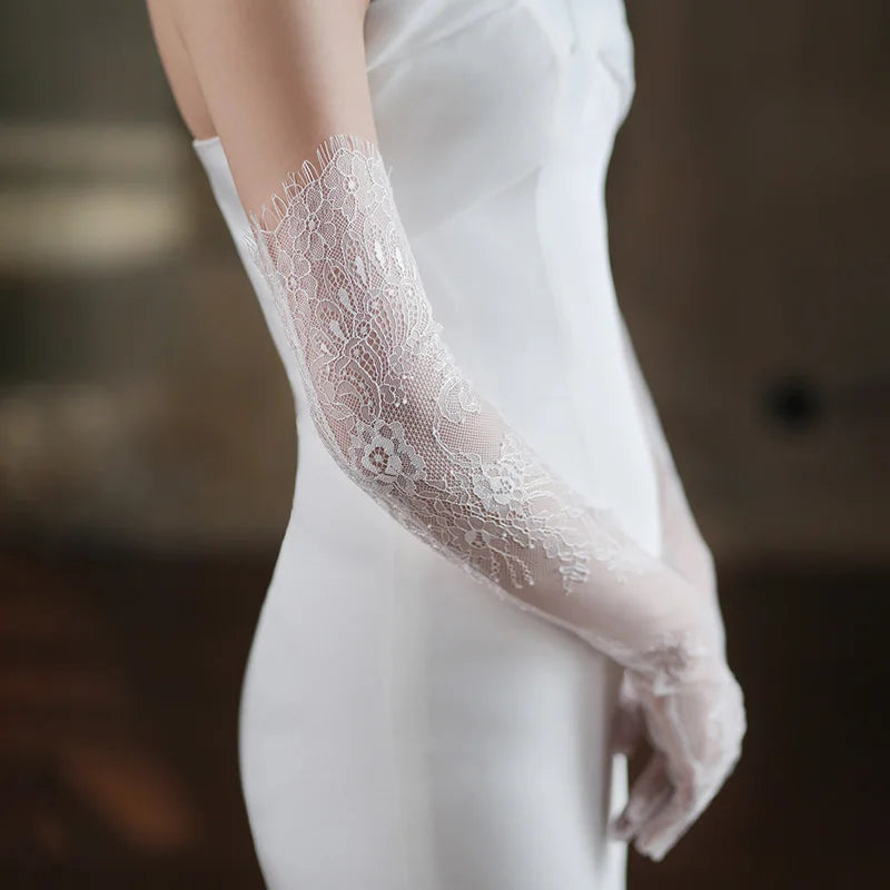 Women Sexy Thin Lace Flower White Black Long Gloves Transparent Mesh Eyelash Tulle Bridal Wedding Party Dress Accessories