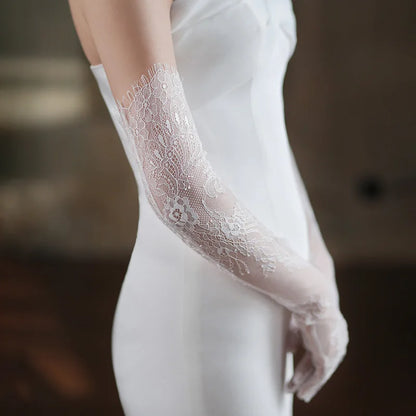 Women Sexy Thin Lace Flower White Black Long Gloves Transparent Mesh Eyelash Tulle Bridal Wedding Party Dress Accessories