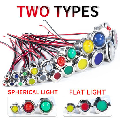 6mm 8mm 10mm 12mm 14mm Metal LED Warning Indicator Light Signal Lamp Pilot Wire 3-6V 12-24V 220V Waterproof IP65 Red Green Blue