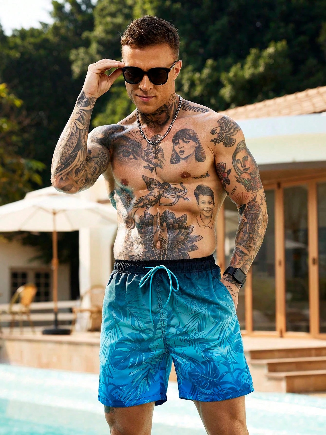 Men's Hawaiian 3D Gradient Palm Tree Pattern Beach Shorts, Quick Dry Outdoor Leisure Sports Shorts, Fashion Men's Shorts