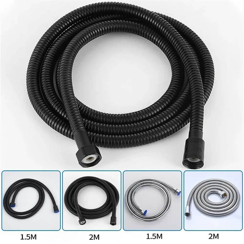 1.5/2M Black/Silver SUS 304 Flexible Shower Hose Long Bathroom Shower Pipe Extension Water Pipe Pull Pipe Bathroom Accessories
