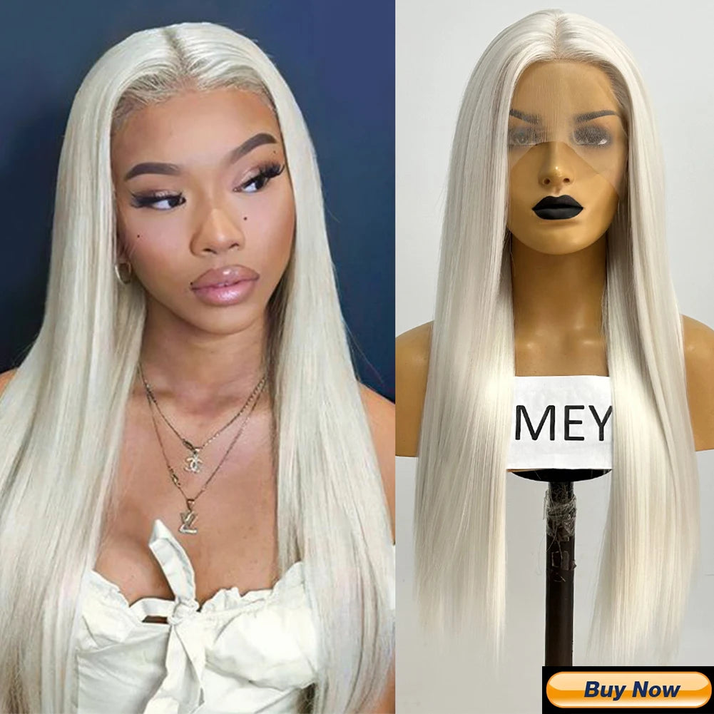 13*4 Synthetic Lace Front Wigs for Women, White Blonde Lace Wig, Heat Resistant Fiber Natural Hairline Cosplay Party Wigs, AIMEYA