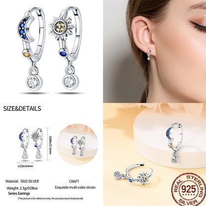 925 Sterling Silver Moon Universe Starry Sky Series Charm Earrings Women Blue Shiny Zircon Daily Wear Jewelry