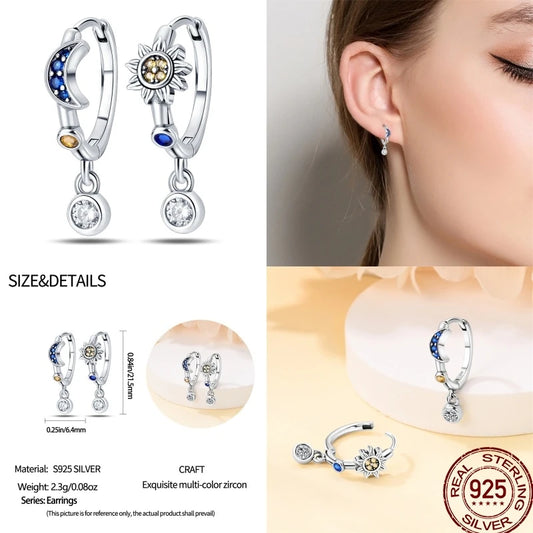 925 Sterling Silver Moon Universe Starry Sky Series Charm Earrings Women Blue Shiny Zircon Daily Wear Jewelry