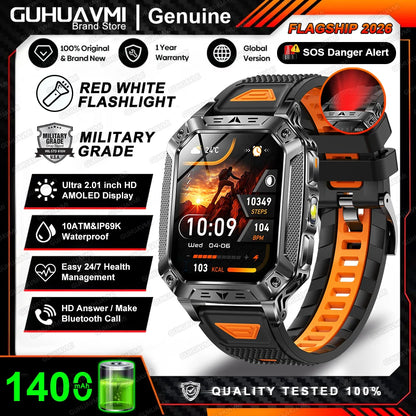 2026 New Built-in 1400mAh Super Large Battery Men Smart Watch Outdoor GPS 2.01"AMOLED Screen 10ATM Waterproof BT Call Smartwatch