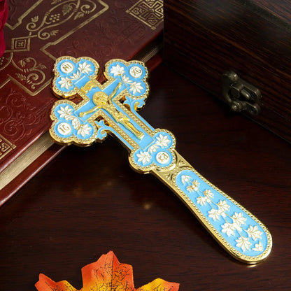 Orthodox Blessing Handheld Church Cross Gold Plated Colorful Enamel Jesus icon, Cross INRI Crucifix Single Face Jesus, HTISOK