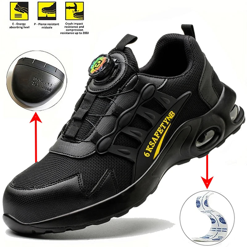Men Rotating Button Safety Shoes, Steel Toe Work Sneakers, Indestructible Shoes, Puncture-Proof Work Boots, Air Cushion Safety Shoes