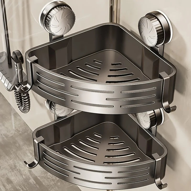 Space-Saving Suction Cup Bathroom Shelf - No Drilling Required, Strong Triangular Rack with Hooks, Suitable for Shower and Toilet