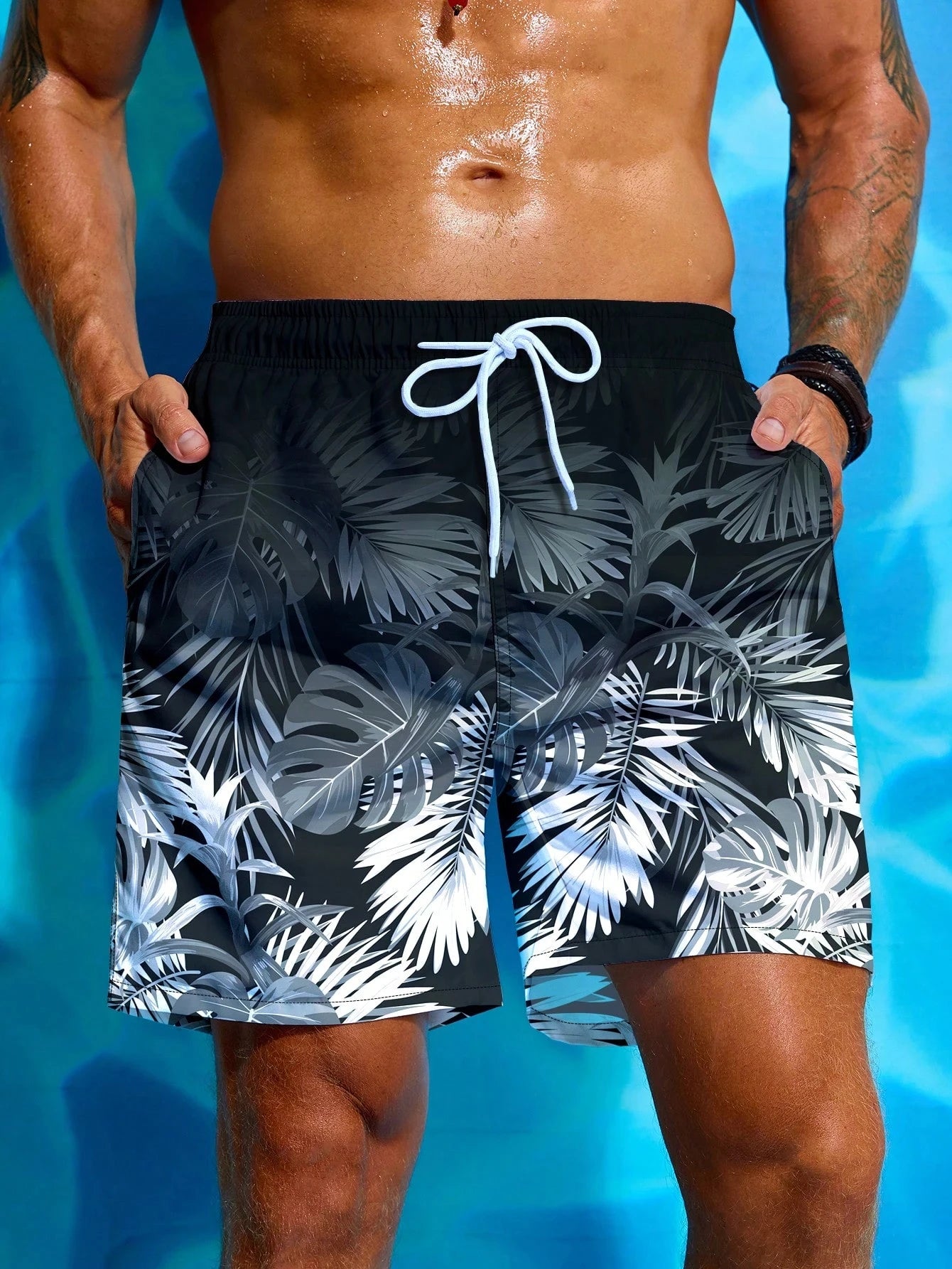 Men's Hawaiian 3D Gradient Palm Tree Pattern Beach Shorts, Quick Dry Outdoor Leisure Sports Shorts, Fashion Men's Shorts