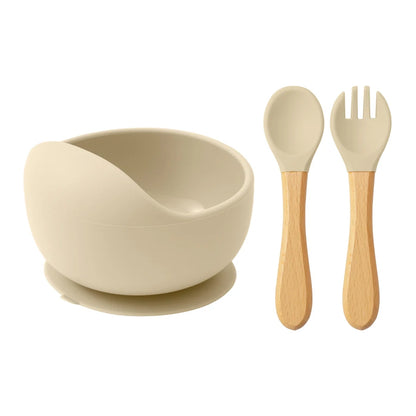 Mamaplan 3PCS Baby Silicone Feeding Set Toddler Suction Bowl Feeding Training Spoon Fork Baby Dishes Plate Baby Accessories