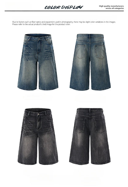 American Lightning Crack Black Grey Jeans, Men's Straight Tube Loose Wide Leg Shorts, Y2k Street Hip Hop Sevens