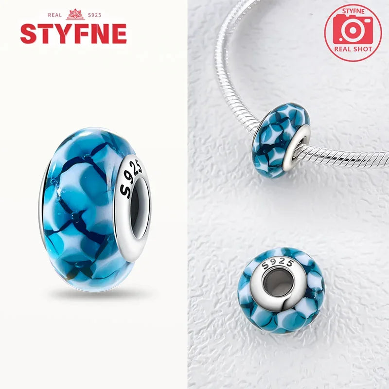 925 Sterling Silver Blue Series Crystal Enamel Murano Charm Bead Fits Original Bracelet for Women DIY Fine Jewelry Gifts