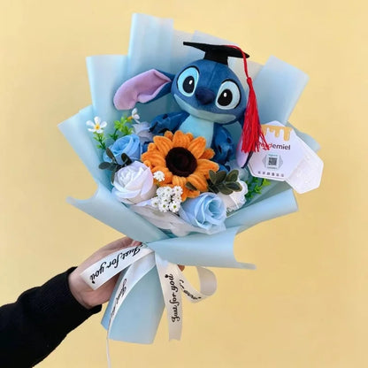 Auténticas muñecas de peluche Amine Stitch con girasoles, rosas, ramos creativos, regalos para Navidad, cumpleaños, graduación y San Valentín