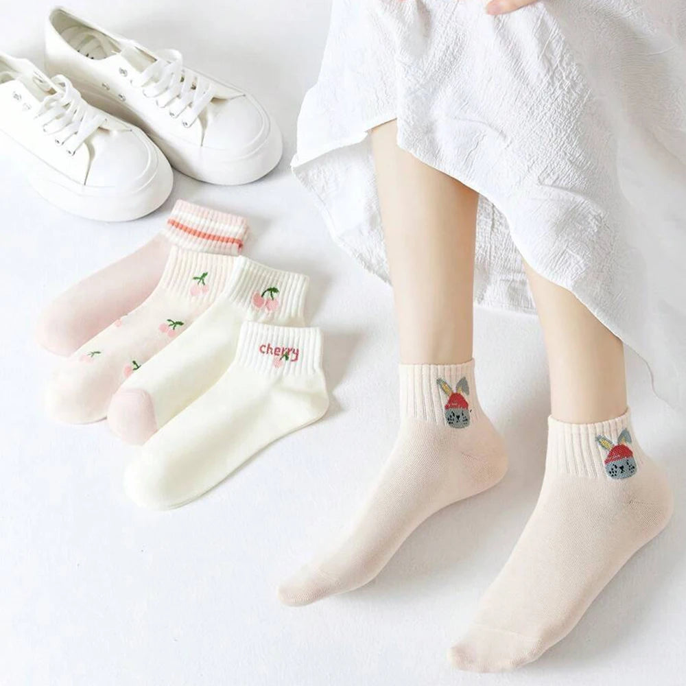 5/10 Pairs Women Striped Ankle Socks Trendy Versatile Pink Fruit Pattern Cartoon Short Socks Comfortable Breathable Casual Socks