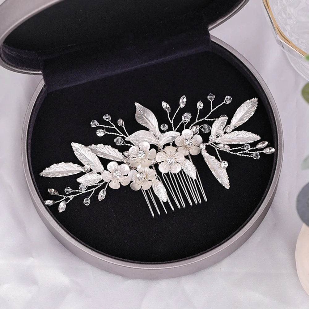 Crystal Pearl Hair Comb Clip Pin Alloy Leaf Hair Comb Handmade Headband Tiara For Women Bride Wedding Hair Accessories Jewelry